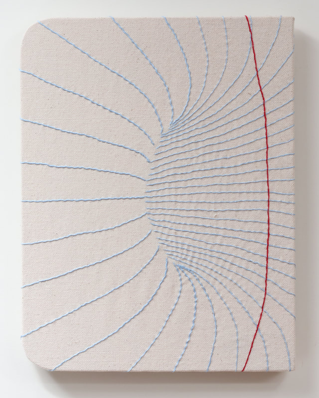 A piece of fabric or some sort of canvas, with embroidery made to look like a notebook's lines have warped form a wormhole shape.
