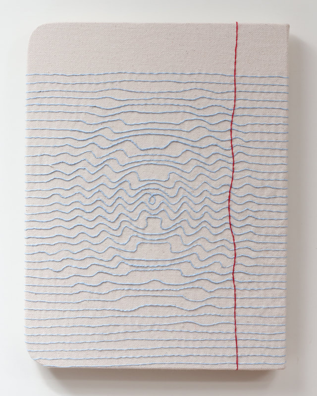 A piece of fabric or some sort of canvas, with embroidery made to look like a notebook's lines have been disturbed by waves of sound. A radial pattern of small, wavy lines in the centre.