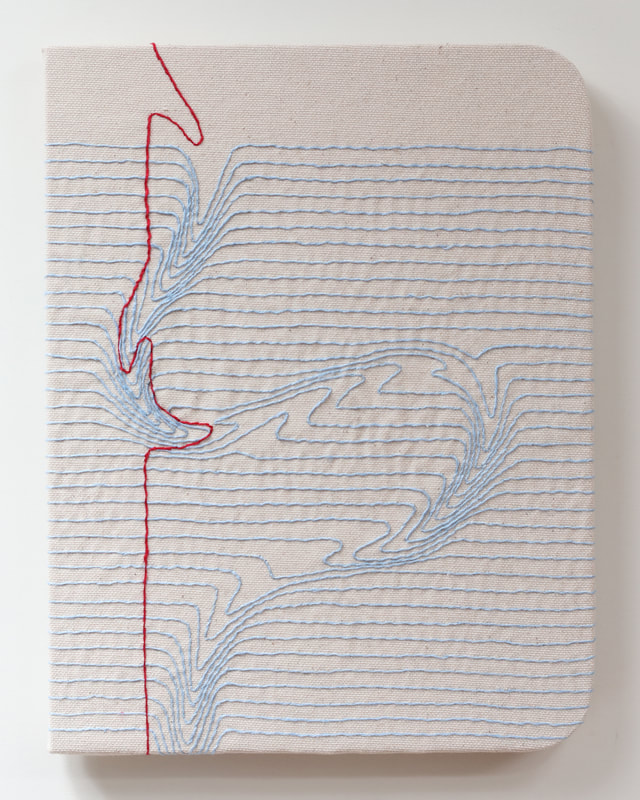 A piece of fabric or some sort of canvas, with embroidery made to look like someone has dragged their finger through the notebook to warp its lines.